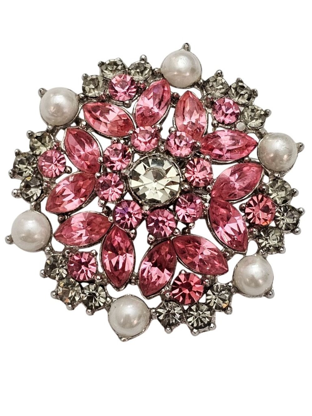 Trifari Philippe Flower Brooch Pink Rhinestone, Rhodium Plated Pin Signed J766